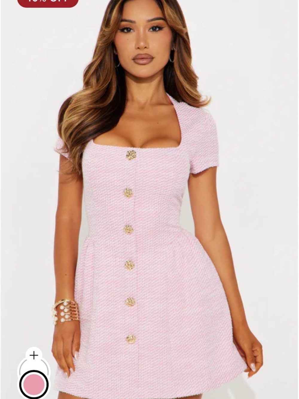 Short Pink Square-Neck Dress with Gold Buttons
